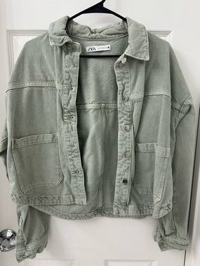 ZARA Light Sage Green Oversized Denim Jacket